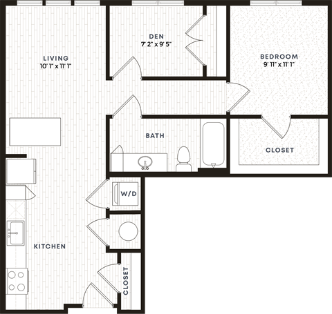 Floor plan for 1 bed, 1 bath, 802 sqft